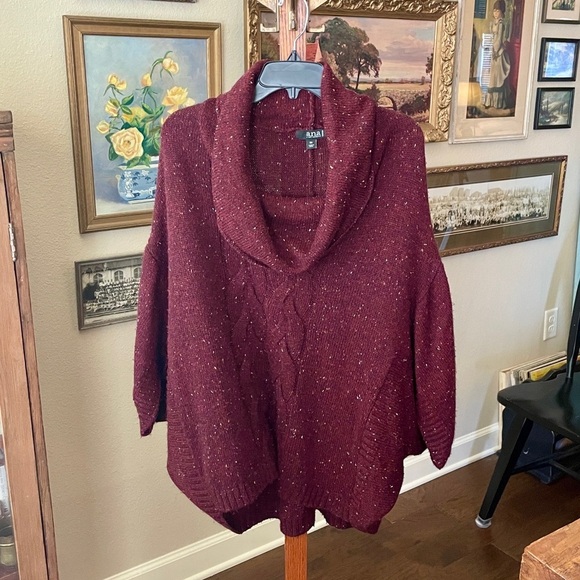 a.n.a plus size cowl neck poncho style speckled knit sweater 0X burgundy - Picture 3 of 10